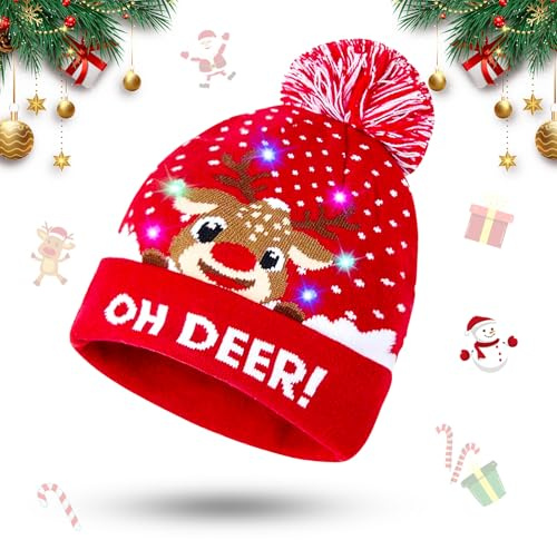 LED Weihnachtsmütze Erwachsene, Mütze mit LED Licht Kinder, Nikolausmütze Weihnachtsmützen Erwachsene Weihnachtsmann Mütze, Dehnbare Strickmütze, Leuchtende Weihnachtsmütze Kinder für Weihnachtsfeier