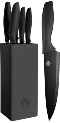 MasterChef Knife Set with Block, 5 Kitchen Knives with Sharp Stainless Steel Blades (Chef, Paring, Utility, Carving, Bread) Soft Touch Easy Grip Handles & Universal Knife Holder, Essential Black