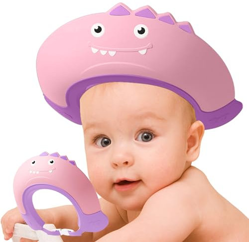 Thcbme Baby Shower Cap Shield, Shower Cap for Kids, Visor Hat for Eye and Ear Protection for 0-9 Years Old Children,Cute Dinosaur shape Makes the Baby Bath More Fun… (Pink)