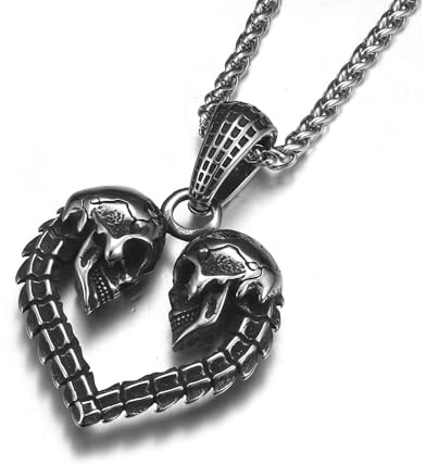GTHIC Collier avec pendentif rétro en acier inoxydable double tête de mort unisexe ou charme d'amour gothique pour femmes et hommes à porter au quotidien avec chaîne de 70 cm