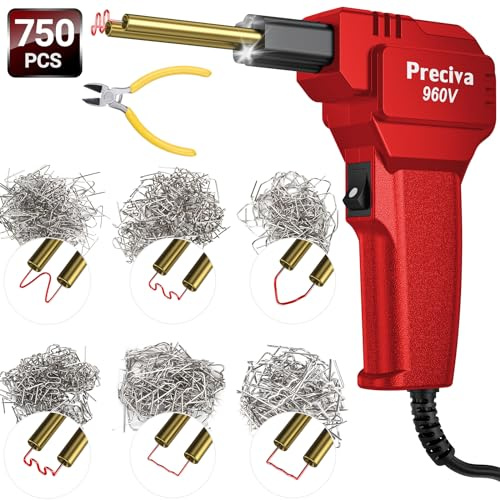 Plastic Welding Kit 50W,3s Instant Heating,4Shapes/750pcs Hot Staples | Preciva Red Plastic Repair Kit, Brass Heating Core with Double Led Light, for Welding Broken Plastics, Car Bumper, etc