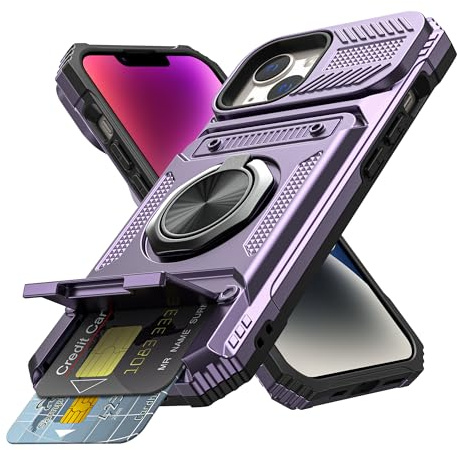 Coolden for iPhone 14 Case with Card Holder [Max 2 Cards] Ring Holder Kickstand Armor Shockproof Military Grade Dual Layer Heavy Duty Protective Wallet Case Cover for iPhone 14 Phone Case-Purple