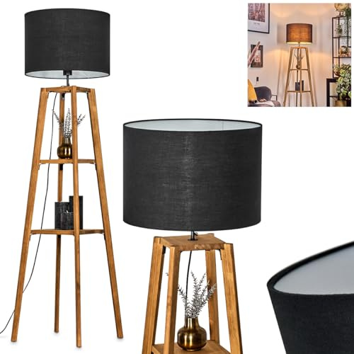 Stehleuchte Bassagoda, Stehlampe aus Holz/Stoff in Natur/Schwarz/Weiß, Leuchte im skandinavischen Design mit rundem Schirm (Ø 40cm), Ablageflächen u. Fußschalter, Höhe 151cm, 1x E27, ohne Leuchtmittel