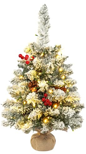 AGM Piccolo albero di Natale da 60 cm, con luci, innevato, mini albero di Natale da tavolo, 60 cm, decorazione per interni ed esterni