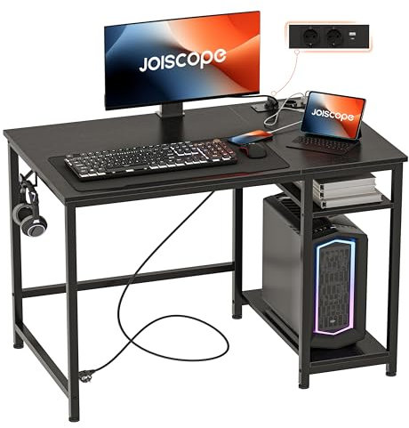 JOISCOPE Escritorio Ordenador con Puerto de Carga USB y Tipo-C y 2 Tomas de Corriente,Escritorio Estudio y Juego Que Ahorra Espacio con Gancho y Estante de Almacenamiento de 2 Niveles,100x75cm,Negro