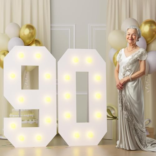 Bugame 4FT Marquee Numbers 90 Warm Light Quick Setup Birthday Decorations | 4FT marquee light up numbers 90 for milestone birthdays and anniversaries 47 Pcs Accessory Set