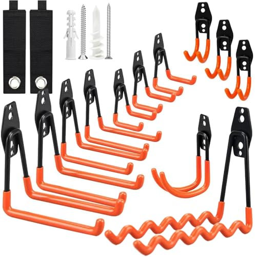 12 Pezzi Ganci Garage Resistenti, Appendi Bici Muro con 2 Cinghie, Ganci Doppio Pesanti con 24 vite, Gancio Muro Parete per Organizzare Utensili Elettrici,Biciclette,Scale,Cavi,Articoli Sfusi(Arancia)
