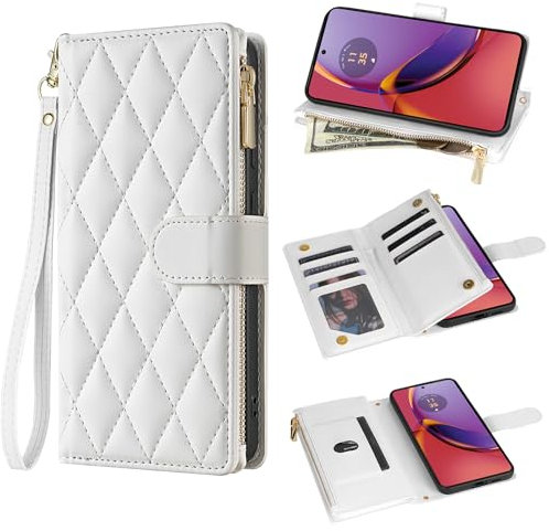 Asuwish Funda para Motorola Moto G84 5G Funda con Banda Tarjetero Plegable Cuero Monedero Soporte G 84 84G XT2347-2 Cremallera Fundas para Teléfono Móvil Wallet Fundas Protectora Phone Case Blanco