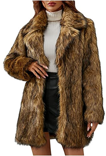 Komiseup Fleecejacke Damen, Winterjacke Damen Lange Winter Pelzmantel Elegant Kunstpelz Jacke Offener Front Wintermantel Dick Plüschjacke mit Kapuze Warme Kunstfell Oberbekleidung Faux Pelz Coat 16