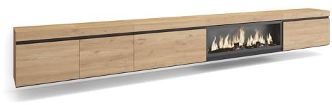 Skraut Home | Mueble TV | Televisión | Muebles de salón, almacenaje | 368x45x35 | Chimenea eléctrica XXL | Colgado, Suspendido | Estilo Moderno | Roble