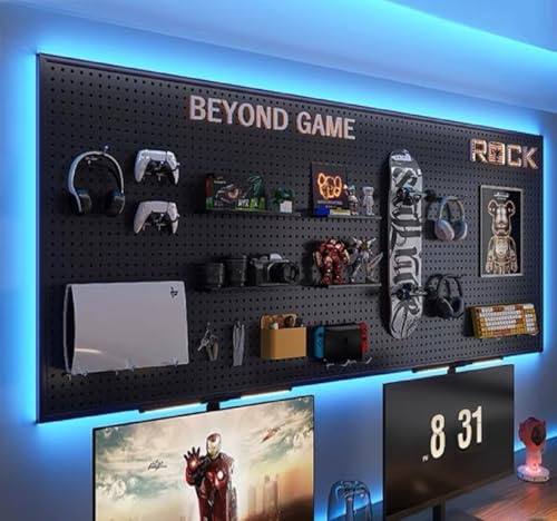 Qustikuri Peg Board with RGBIC LED Strip Lights,2PCS Metal Pegboard Panels,Heavy Duty Pegboard Gaming Room Wall Organizer with Hooks,DIY RGB Gaming Setup Organizer Peg Board Wall Mounted 12 * 24”