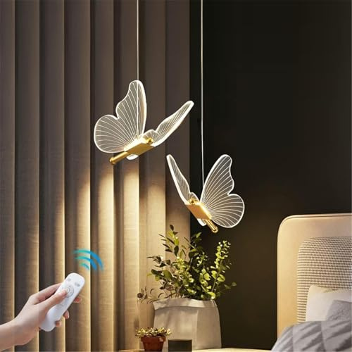 HMAKGG Hängelampe Schmetterling Kinderzimmer, LED Pendelleuchte Gold | 12W Dimmbar, Fernbedienung und App, 3000-6000K, höhenverstellbar für Mädchenzimmer und Schlafzimmer