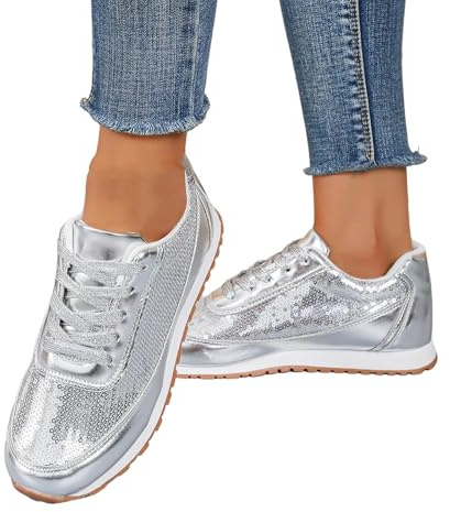 Sequin Shoes For Women Uk Non Slip Comfortable Shoe Casual Lace Up Sport Sneakers Breathabl Ladies Running Shoes For Wedding Party Dancing Round Toe Gym Sneakers For Outdoor Glitter Trainers