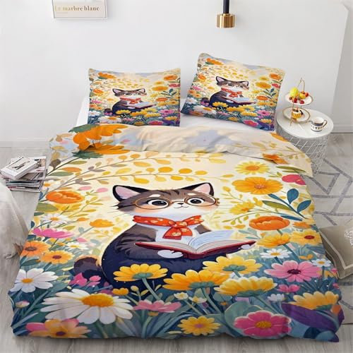 TMMDH Bettwäsche 135x407 Bettbezug Winter Bettwäsche-Sets Katze Muster Weich Hypoallergen Baby Bettwäsche Set mit 2 Kissenbezüge 80x80 cm, Geeignet für Jungen Mädchen Kinder