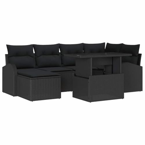 vidaXL 7-delars trädgårdsoffaset med kuddar svart poly rattan