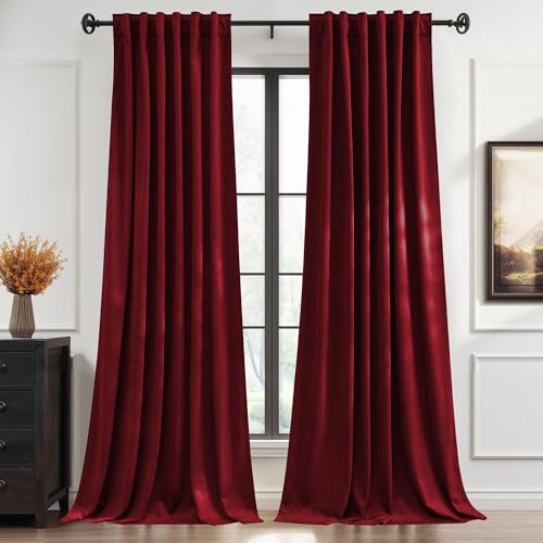 StangH Red Velvet Curtains with Back Tab & Hook Belt, Luxury Velvet Curtains Thermal Insulated Energy Efficient Window Panels, Elegant Decor for Theater, W52 x L102 inches, 2 Panels