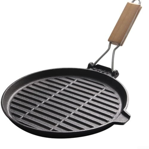 HpLive Bistecchiera in ghisa con manico pieghevole in legno – bistecca con griniera e occhiello per barbecue e fornelli
