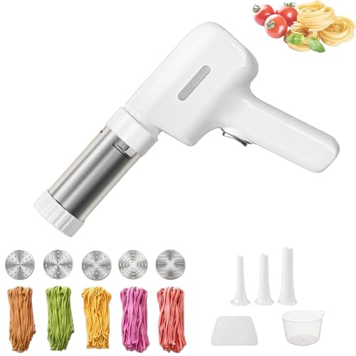 Electric Idiyappam Maker - Handheld Pasta Machine with 5 Interchangeable Molds for Spaghetti Linguine & More - Versatile Electric Pasta Maker (White)