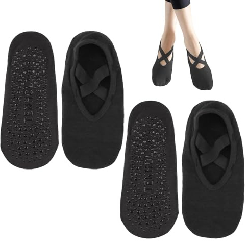 2 Paires Chaussettes Pilates Femmes Et Filles, Chaussettes Yoga Antidérapantes avec Poignées Sangles Taille Unique Coton Pilates Reformer Chaussettes pour Yoga Pilates Barre Danse Fitness, Noir