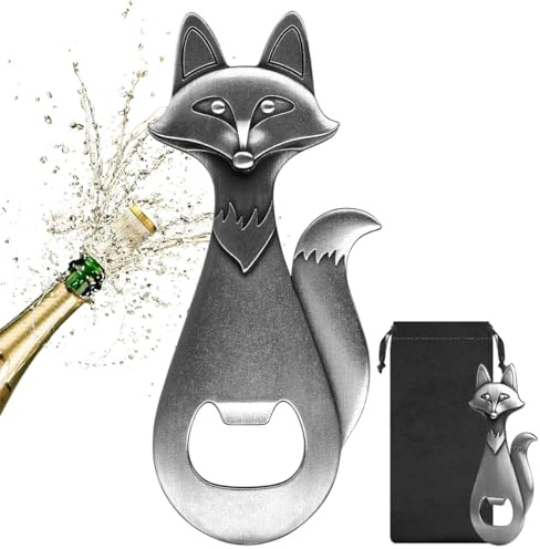 Décapsuleur de Bière Forme de Renard, avec Sac Cadeau, Cadeaux pour Homme, Femme, Ami, Papa, Mari, Amoureux du Renard, Accessoires Bière, Cadeau de Noël, Fête des Pères, Anniversaire, Argent Foncé