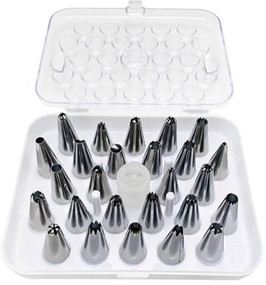 27-Piece Complete Stainless Steel Icing Tip Collection with Storage Case Piping Nozzles Compatible with Cookies, Buttercream and Baking