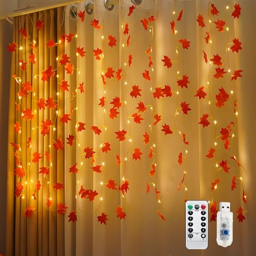 Rideau Lumineux En Feuilles D'éRable D'Automne, Rideau Lumineux Decoration Automne, Led Guirlande Lumineuse IntéRieur Feuille D'éRable, 8mode D'éClairage Avec TéLéCommande,Pour DéCoration Automne (A)