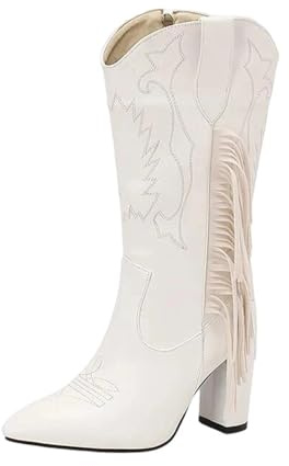 Women's Mid-Calf Western Boots With Pointed Toe Thick Heel Featuring Embroidered Tassel Details And Side Zipper For Daily Style