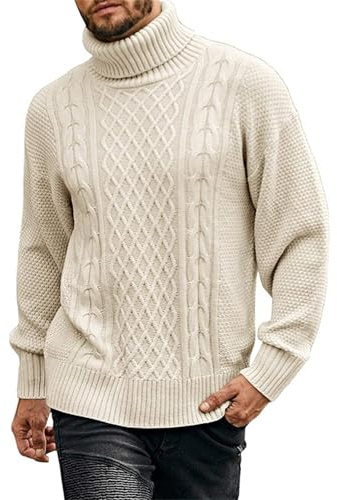 Men's Turtleneck Cable Knit Jumper - Long Sleeve Autumn & Winter Warm Pullover Thick Cable Knit Sweater, Slim Fit Winter Chunky Solid Color Knitwear (Beige,XL)