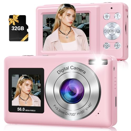 Digital Camera, 56MP 2.7K Dual-Screen Selfie Camera with 16X Zoom, 20 Filters & Anti-Shake, Portable Point and Shoot Digital Cameras with 32GB Card, Compact Travel Cameras for Beginners Teens Kids