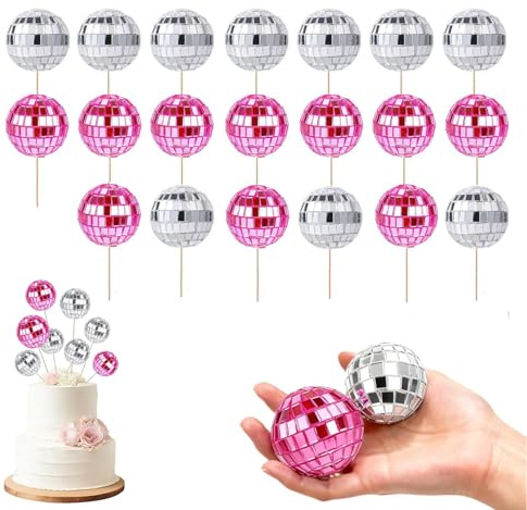 20 Pieces Disco Ball Cake Decorations, Disco Ball Cake Topper in Pink and Silver, Disco Theme Party Cake Toppers for Birthday Wedding and Celebration Desserts