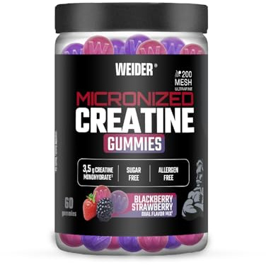 Weider Micronized Creatine Gummies (60 gominolas) Sabor DUO Fresa-Mora, con 3,5g creatina monohidrato 200 MESH/porción, Certificado por laboratorio Europeo, ayuda al rendimiento físico (20 porciones)