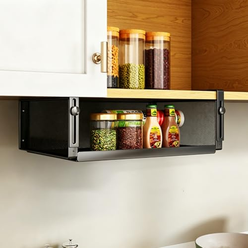 Under shelf storage, Carbon Steel Under Shelf Basket with Adjustable Hooks | 15.2x10x4.5 Inch Black Multi Purpose Hanging Storage Organiser for Kitchen Pantry Laundry and Office