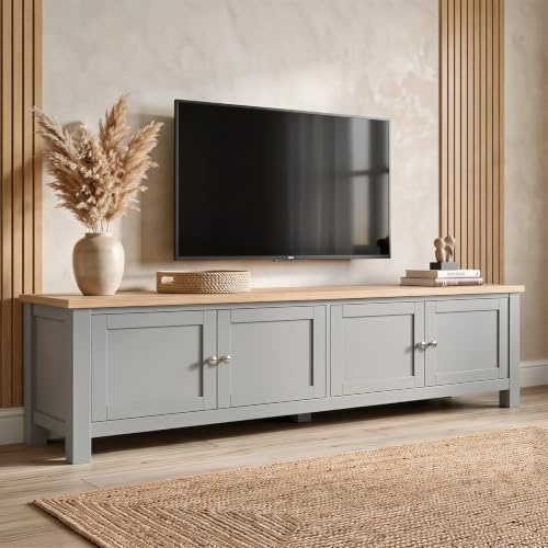 Blisswood Large 180cm TV Unit for 55–80 Inch TVs, Traditional Style Painted TV Stand with Double Door Storage & Adjustable Shelves, Oak Effect Top, Wooden Entertainment Unit for Living Room, Grey