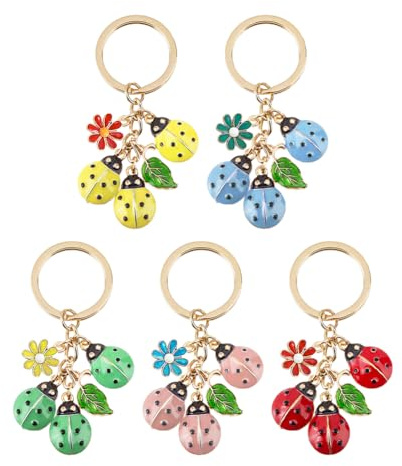 SUPERFINDINGS 5 Porte clés Coccinelle Mignons Charm Coccinelle en Alliage et Émail avec Fleur et Feuille Porte clés Insectes Décoratif pour Sac Clés de Voiture Sac à Main Sac à Dos