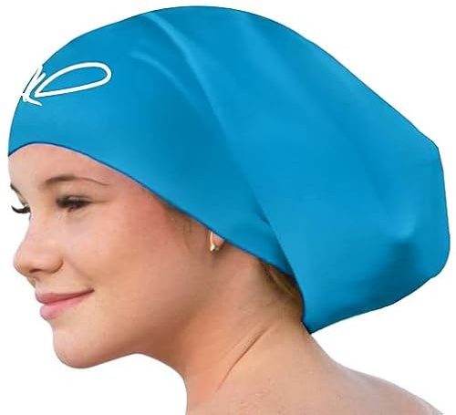 Gorro Piscina - Gorro Natación Mujer y Hombre - Gorro Natación Pelo Largo y Dreadlocks - Gorro de Baño Silicona Extra Grande XL y L - Gorros de Piscina Impermeables Infantil y Adultos (Aqua Blue L)