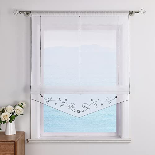 ESLIR Raffrollo mit Schlaufen Raffgardinen Gardinen Küche Transparent Schlaufenrollo Vorhänge Bestickt Modern Voile Grau BxH 80x140cm 1 Stück