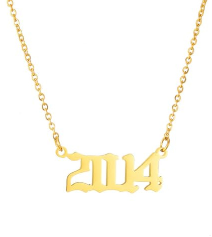 AFSTALR Damen Kette mit Geburtsjahr Edelstahl Nummer Anhänger Halskette Poliert Charme Jahrestag Geburtstagsgeschenk Freundschaft Schmuck für Frauen Gold 2014
