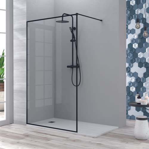 Mampara de Ducha Fijo Frontal | Panel Pantalla Fijo Ducha de Vidrio Templado de 8mm | Tratamiento Antical y Altura de 195cm | Marco Negro Mate 70cm