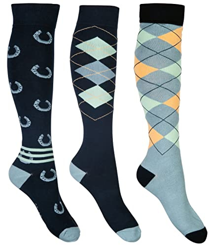 HKM Cardiff Chaussettes mi-Hautes, Bleu foncé/Sauge, 35-38 Mixte