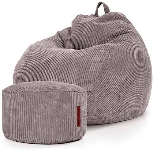 Green Bean© Set om 2 inomhus XXL sittsäck + puf med EPS-pärlor fyllning – fotpall fotkudde pall, golvkudde, liggkudde, sittdyna loungestol – grå