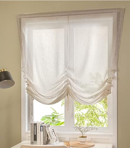 Yaland Raffrollos tageslicht Raffgardine Faltvorhang halbtransparent Klettverschlussrollo Einfach Leinen landhausstil Vorhange ohne Bohren (Sand BxH 100x140cm) 1 Stücke