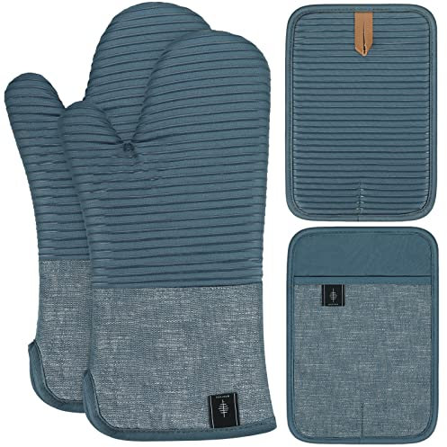 BONTHEE Topflappen Set Ofenhandschuhe Extra Lang Topfhandschuhe mit Anti-Rutsch Silikon Gestreift kochhandschuhe für Kochen Backen - 4er Set - Blau