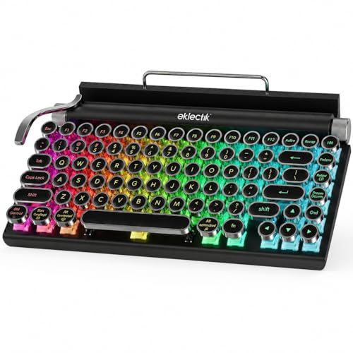Eklectik Vintage Typewriter Keyboard Wireless Bluetooth, 83-Key Mechanical Keyboard with Blue Switches, RGB Backlit, USB-C Wired or Wireless, Volume Knob, Built-in Stand for PC Laptop Tablet