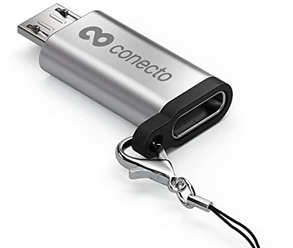 conecto Micro USB auf USB-C OTG Adapter Aluminium Silber mit Karabiner | Mit Schlaufe zur Befestigung, geeignet für Fahrradcomputer, e-Bikes, Pedelecs und Geräte mit Micro-USB-Anschluss.