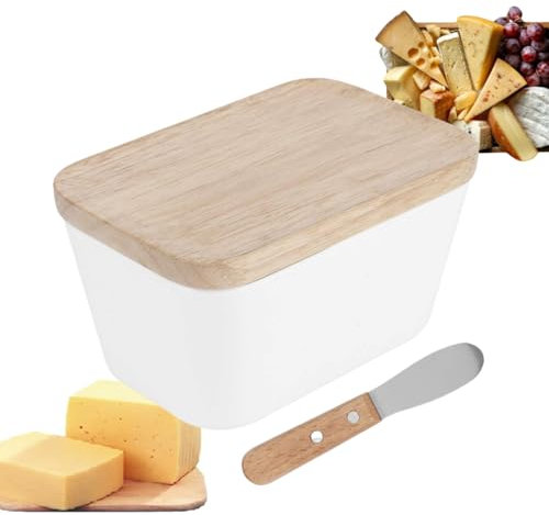 MOUMOUTEN Butter Dish, Melamine Box Body with Beech Cover Butter Box, Multifunctional Butter Dish Box Container with Butter Spreader Knife Kitchen Accessories (White)(250)