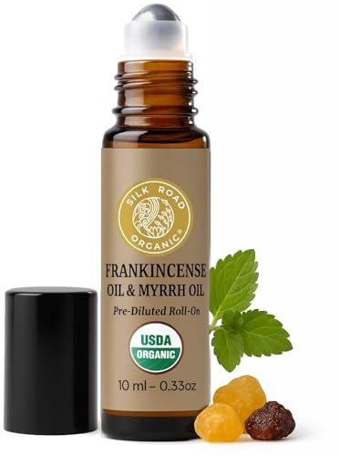Silk Road Organic Frankincense Oil & Myrrh Essential Oil Roll On for Body Aches, Stiffness & Tingling - USDA Certified Aromatherapy Roller, 10ml