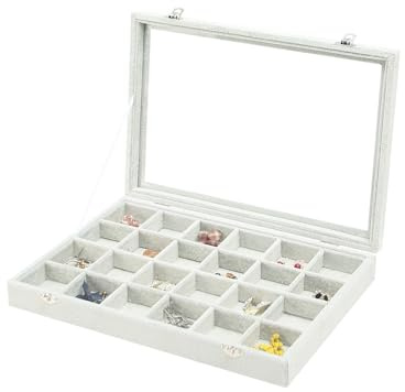 Coward Jewelry Organizer Tray Box, 24 Grids Ring Earring Chain Bracelet Necklace Jewelry Bead Display Holder Tray Case with Transparent Glass Lid for Home Drawer or Shop Selling