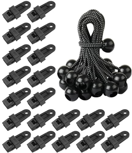 Jicyor 40 Stück Planenspanner Planenclips Set, Planenbefestigung Befestigungsclips, 20 Schwerlastplanen Clips und 20 Spanngummis mit Kugel für Campingzelte und Abdeckung(Schwarz)