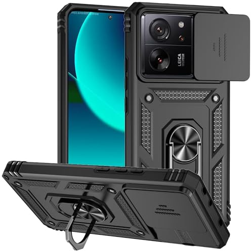 Jeelar ESONG Funda para Xiaomi 13T/13T Pro Armor Carcasa Protectora de Militar con Cubierta de Cámara Deslizante&Giratorio Anilla Soporte,Negro