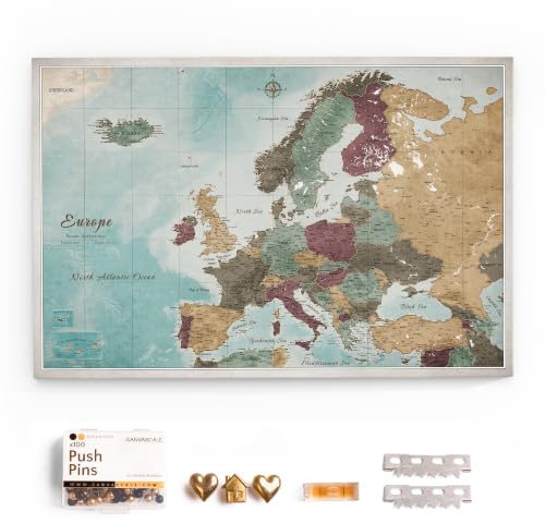 Canvas Europakarte mit Pinnwand Kork zum Pinnen der Reiseziele - Wanddeko für Jeden Raum - Hochwertige Leinwand Bilder mit Europakarte (150x100 cm, Muster 11)